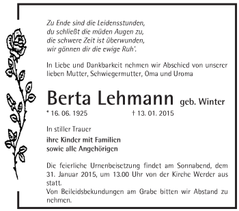 Traueranzeige von Berta Lehmann von Märkische Oderzeitung