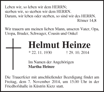 Traueranzeige von Helmut Heinze von Märkische Oderzeitung