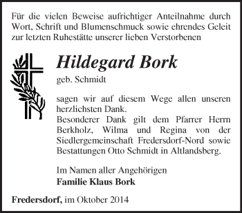 Traueranzeige von Hildegard Bork von Märkische Oderzeitung