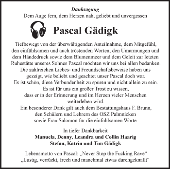 Traueranzeige von Pascal Gädigk von Märkische Oderzeitung