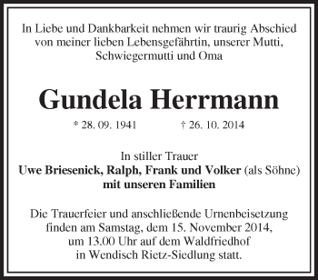 Traueranzeige von Gundela Herrmann von Märkische Oderzeitung