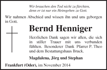 Traueranzeige von Bernd Henniger von Märkische Oderzeitung