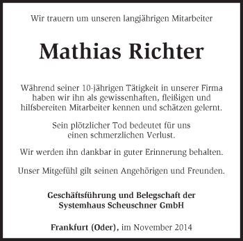 Traueranzeige von Mathias Richter von Märkische Oderzeitung