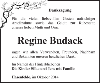 Traueranzeige von Regine Budack von Märkische Oderzeitung