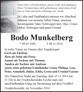 Traueranzeige von Bodo Munkelberg von Märkische Oderzeitung