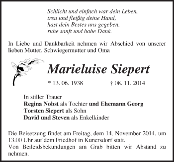 Traueranzeige von Marieluise Siepert von Märkische Oderzeitung