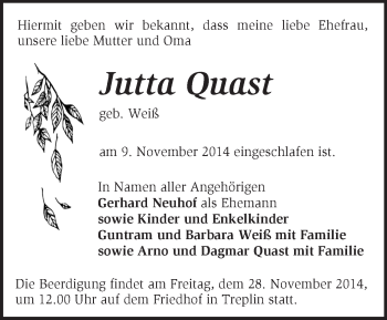 Traueranzeige von Jutta Quast von Märkische Oderzeitung