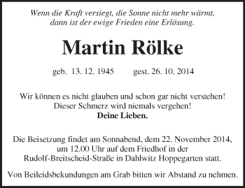 Traueranzeige von Martin Rölke von Märkische Oderzeitung