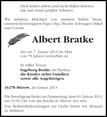 Traueranzeige von Albert Bratke von Märkische Oderzeitung