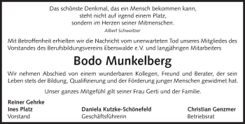 Traueranzeige von Bodo Munkelberg von Märkische Oderzeitung