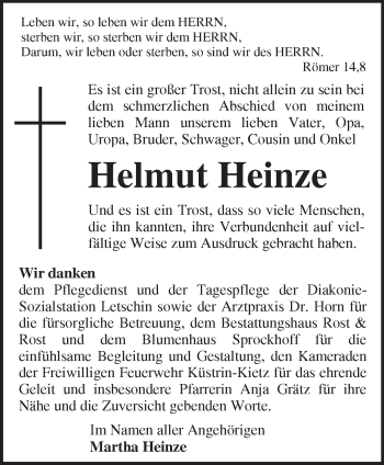 Traueranzeige von Helmut Heinze von Märkische Oderzeitung