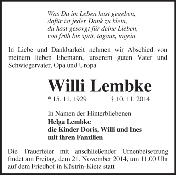 Traueranzeige von Willi Lembke von Märkische Oderzeitung