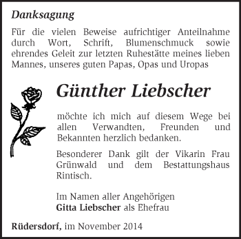 Traueranzeige von Günther Liebscher von Märkische Oderzeitung