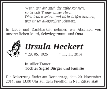 Traueranzeige von Ursula Heckert von Märkische Oderzeitung