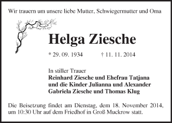 Traueranzeige von Helga Ziesche von Märkische Oderzeitung