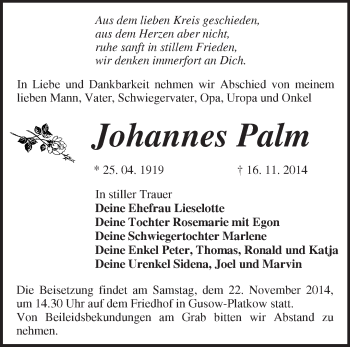 Traueranzeige von Johannes Palm von Märkische Oderzeitung