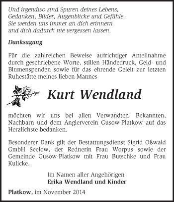 Traueranzeige von Kurt Wendland von Märkische Oderzeitung