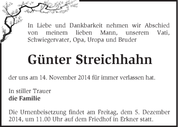 Traueranzeige von Günter Streichhahn von Märkische Oderzeitung