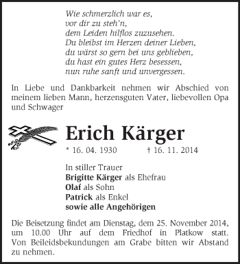 Traueranzeige von Erich Kärger von Märkische Oderzeitung