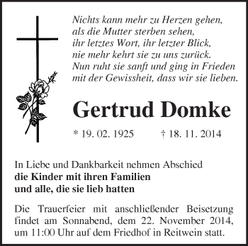 Traueranzeige von Gertrud Domke von Märkische Oderzeitung