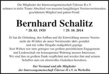 Traueranzeige von Bernhard Schalitz von Märkische Oderzeitung