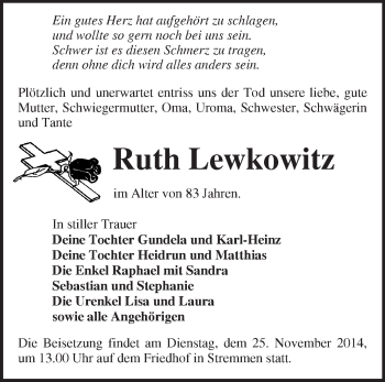 Traueranzeige von Ruth Lewkowitz von Märkische Oderzeitung