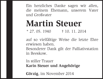 Traueranzeige von Martin Steuer von Märkische Oderzeitung