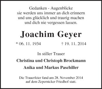 Traueranzeige von Joachim Geyer von Märkische Oderzeitung