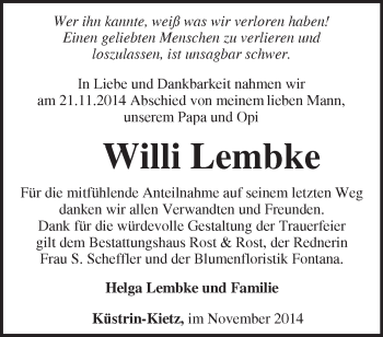 Traueranzeige von Willi Lembke von Märkische Oderzeitung