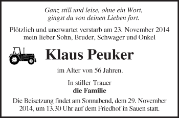 Traueranzeige von Klaus Peuker von Märkische Oderzeitung