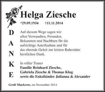 Traueranzeige von Helga Ziesche von Märkische Oderzeitung