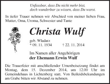 Traueranzeige von Christa Wulf von Märkische Oderzeitung