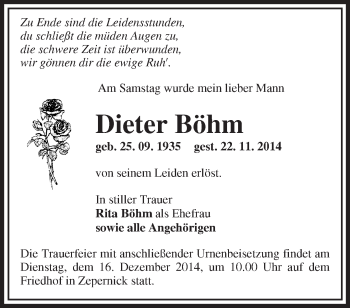 Traueranzeige von Dieter Böhm von Märkische Oderzeitung