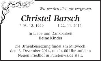 Traueranzeige von Christel Barsch von Märkische Oderzeitung