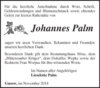 Traueranzeige von Johannes Palm von Märkische Oderzeitung