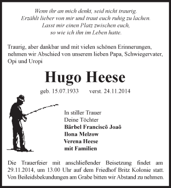 Traueranzeige von Hugo Heese von Märkische Oderzeitung