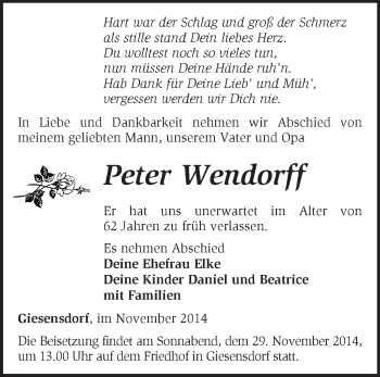 Traueranzeige von Peter Wendorff von Märkische Oderzeitung