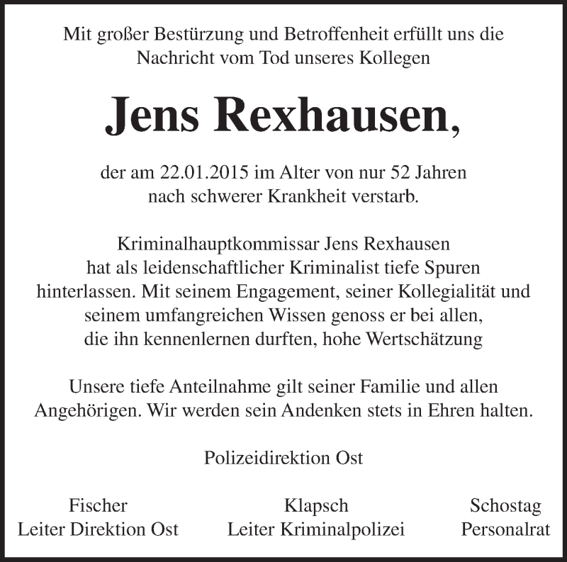  Traueranzeige für Jens Rexhausen vom 31.01.2015 aus Märkische Oderzeitung