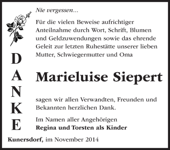 Traueranzeige von Marieluise Siepert von Märkische Oderzeitung