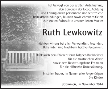 Traueranzeige von Ruth Lewkowitz von Märkische Oderzeitung