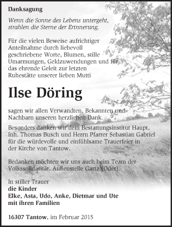 Traueranzeige von Ilse Döring von Märkische Oderzeitung