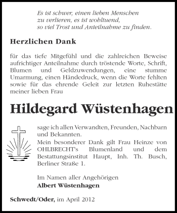 Traueranzeige von Hildegard Wüstenhagen von Märkische Oderzeitung