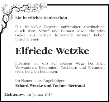 Traueranzeige von Elfriede Wetzke von Märkische Oderzeitung