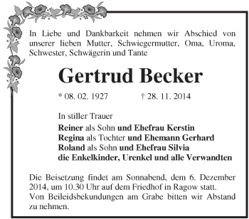 Traueranzeige von Gertrud Becker von Märkische Oderzeitung