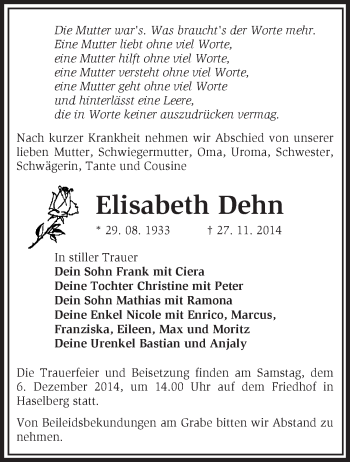 Traueranzeige von Elisabeth Dehn von Märkische Oderzeitung