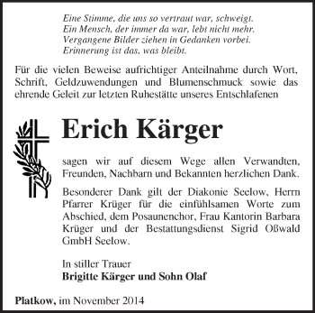 Traueranzeige von Erich Kärger von Märkische Oderzeitung