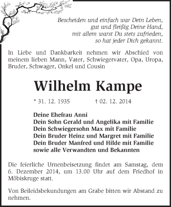 Traueranzeige von Wilhelm Kampe von Märkische Oderzeitung