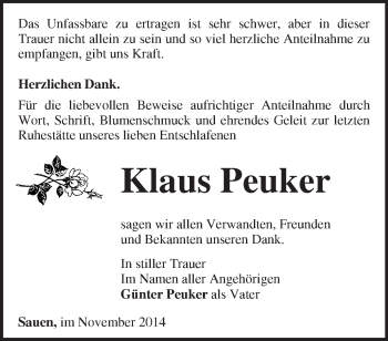 Traueranzeige von Klaus Peuker von Märkische Oderzeitung