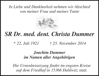 Traueranzeige von Christa Dummer von Märkische Oderzeitung