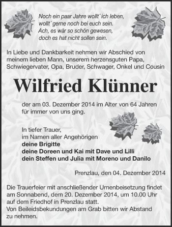 Traueranzeige von Wilfried Klünner von Märkische Oderzeitung